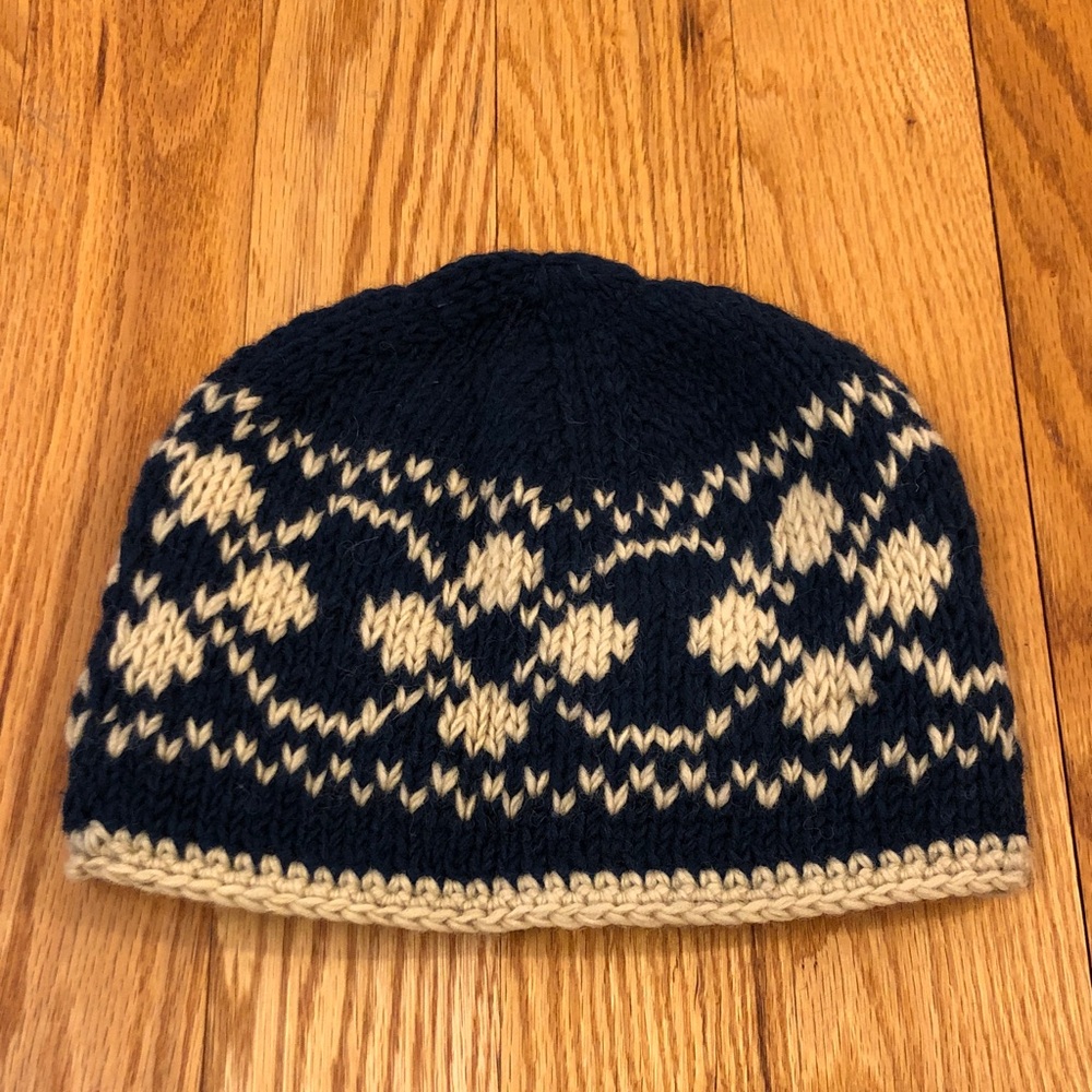 Navy and Cream Wool Knit Beanie Winter Snow Hat Adult One Size Fits All